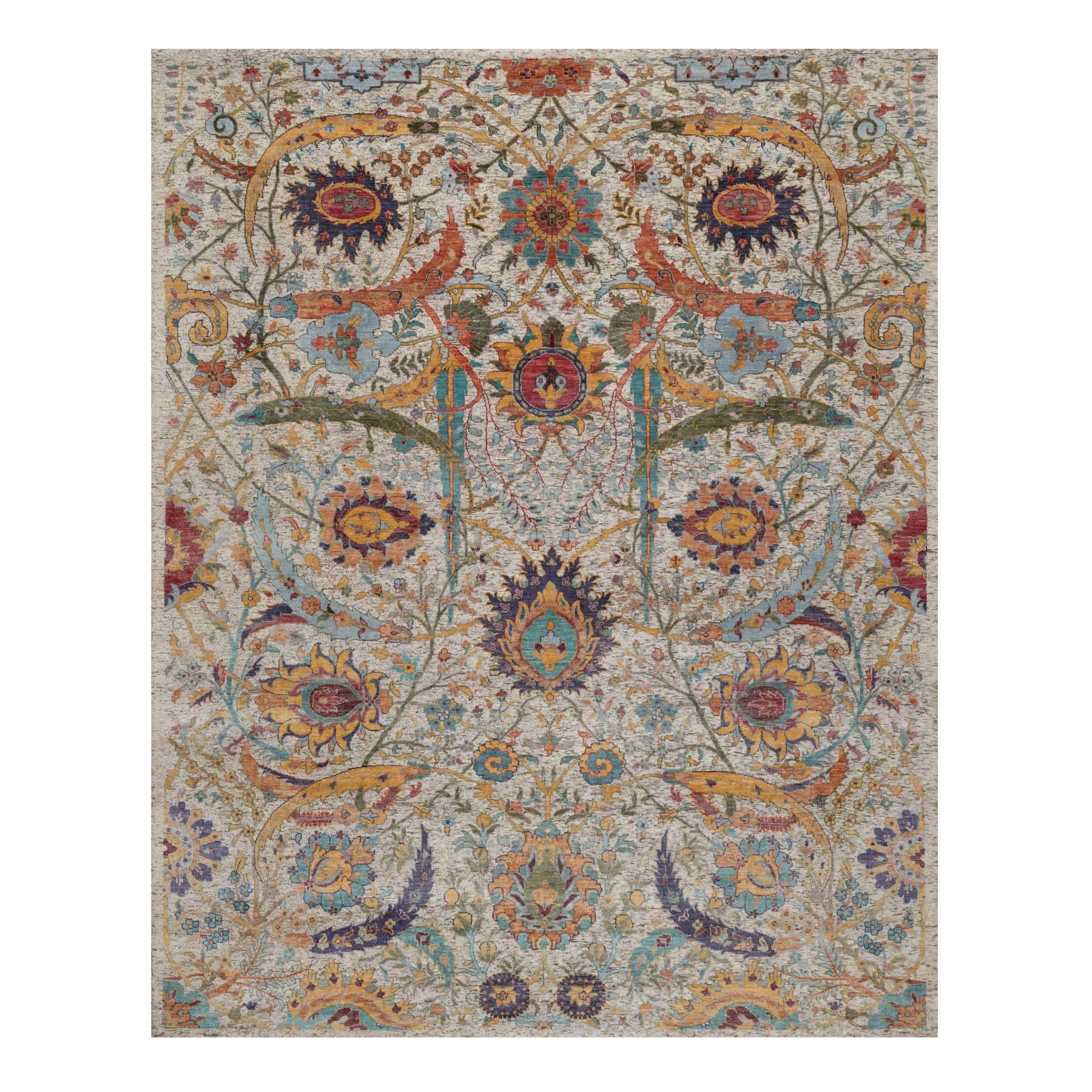 8'x10' Ivory and Brown, Silk with Textured Wool, Colorful Sickle Leaf Design, Hand Knotted, Oriental Rug 